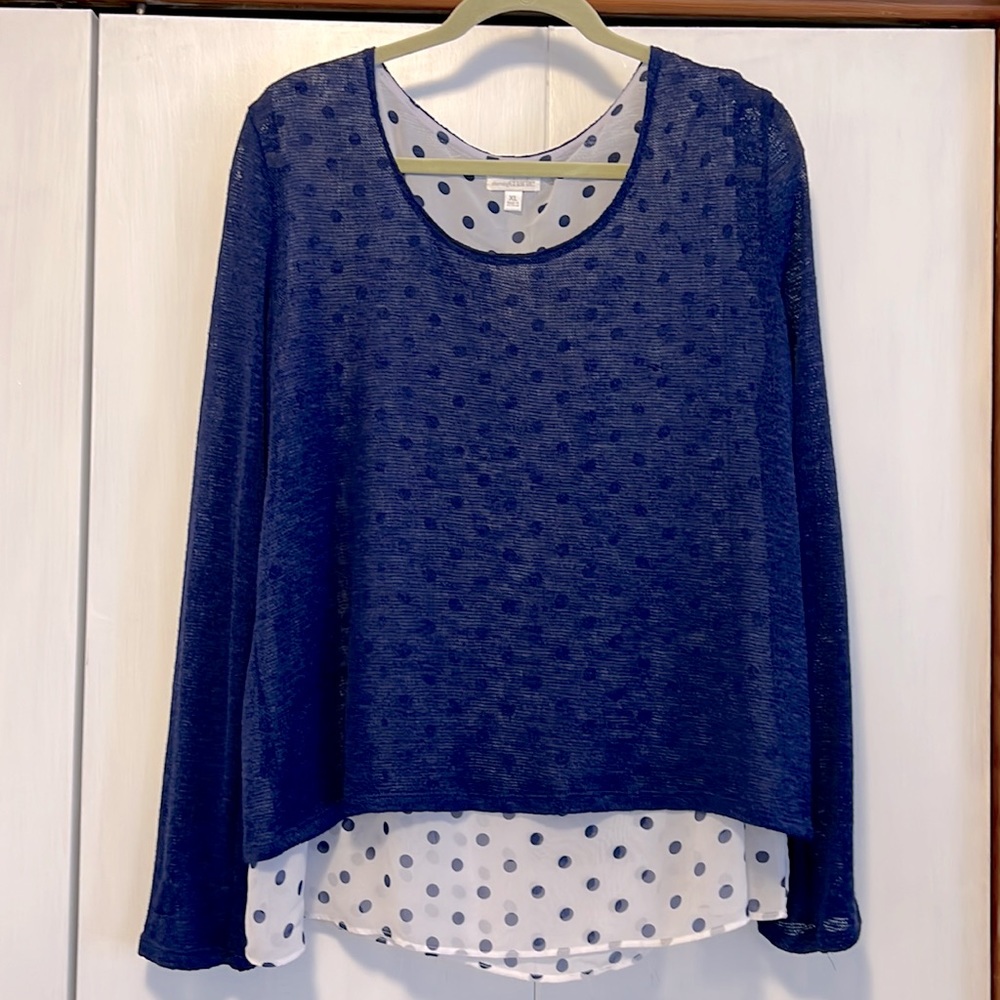 Charming Charlie size XL pull over top with polkadot peep through shell